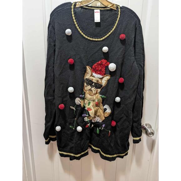 Holiday Time Women's 3X Black Ugly Christmas Sweater Bulldog Holiday Festive - Picture 1 of 7